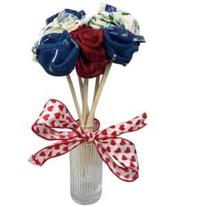 Handmade Upcycled Fabric Tie Valentine's Day Gift 6 Rose Bouquet in Glass Vase